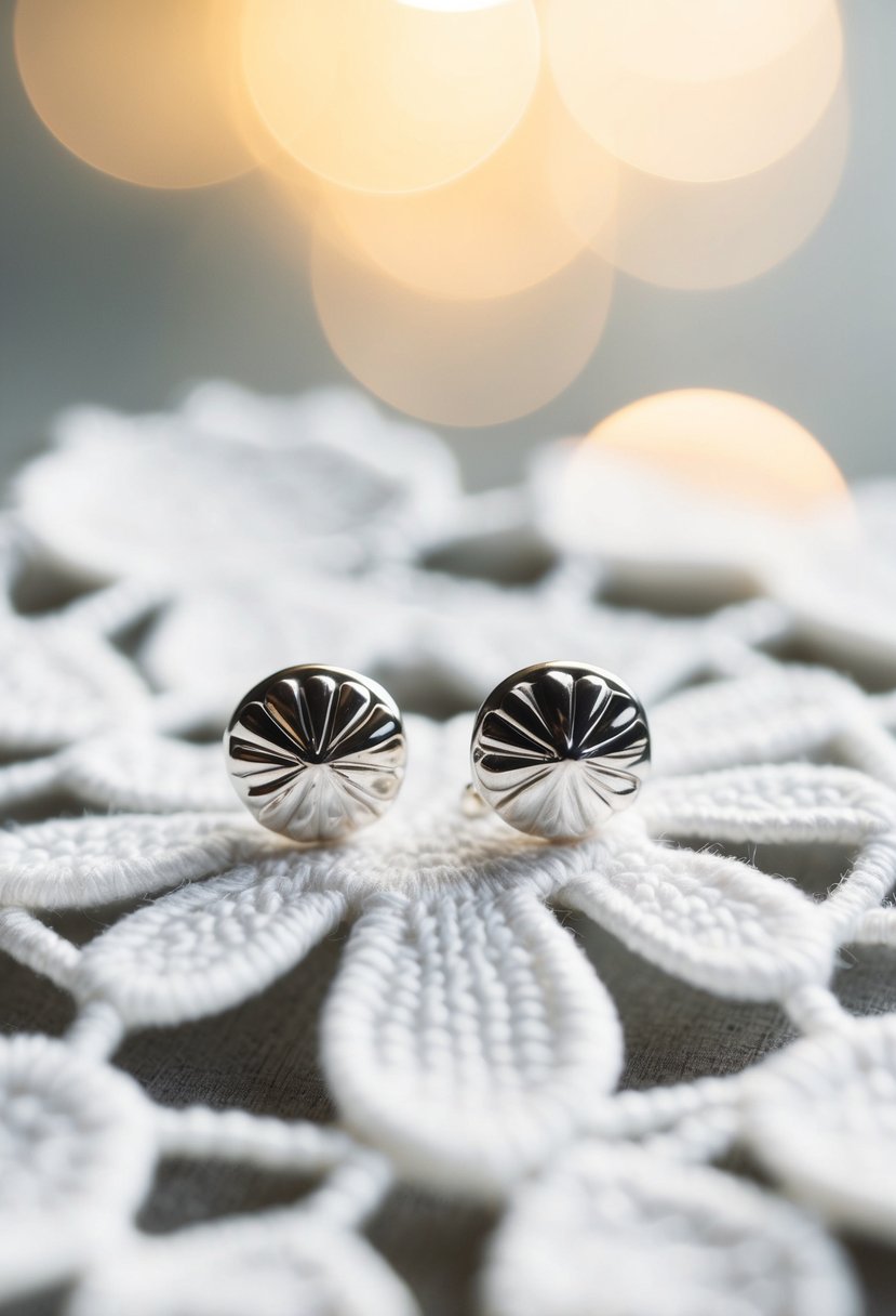 Two delicate silver studs on a white lace background, with a soft glow of natural light