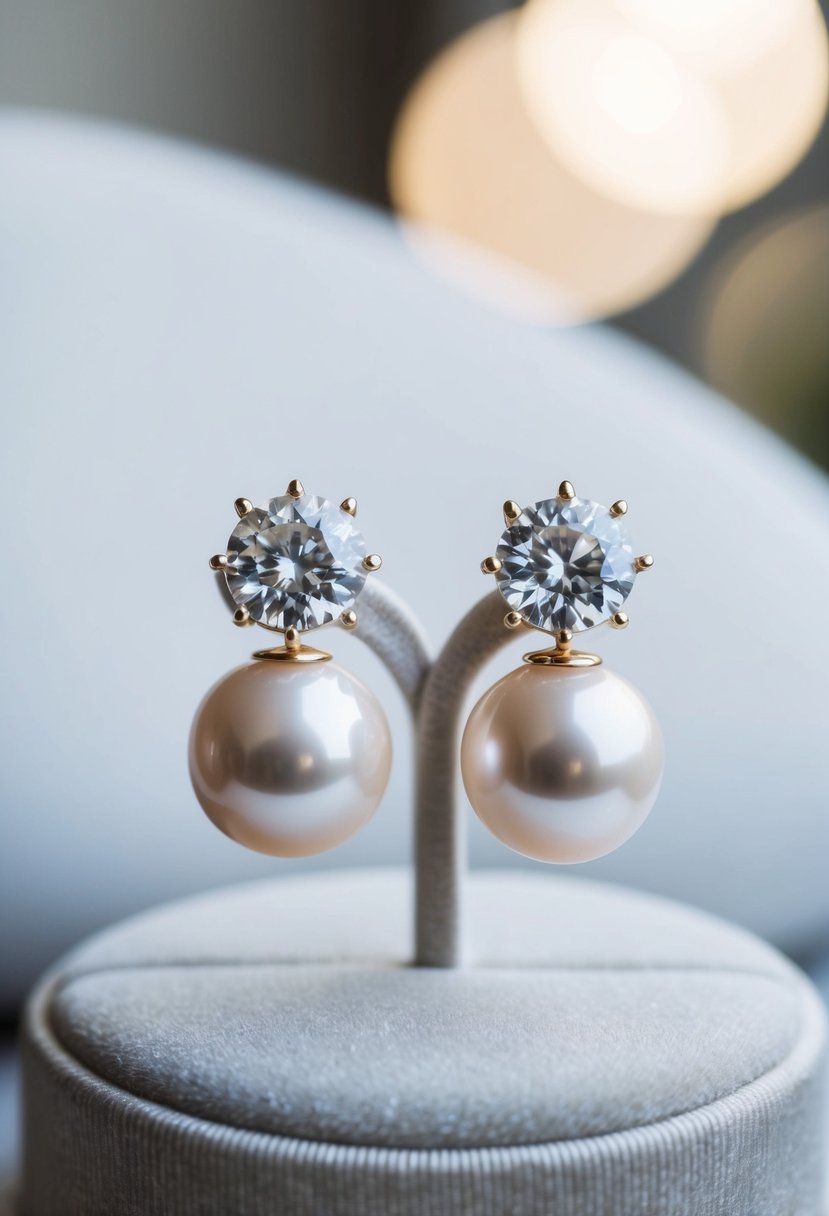 A pair of elegant pearl and diamond earrings displayed on a velvet cushion in a soft, natural light setting