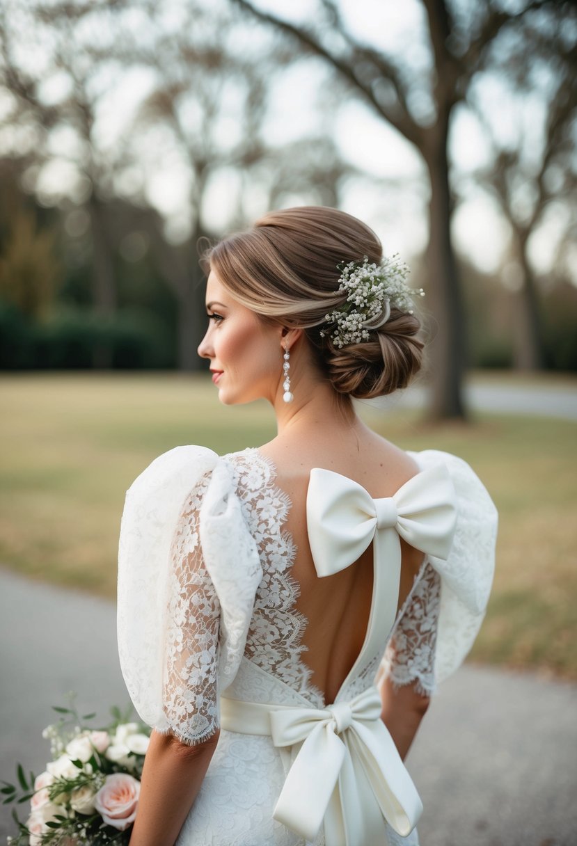 A white lace wedding dress with puffy sleeves and a large bow at the back, adorned with delicate floral details