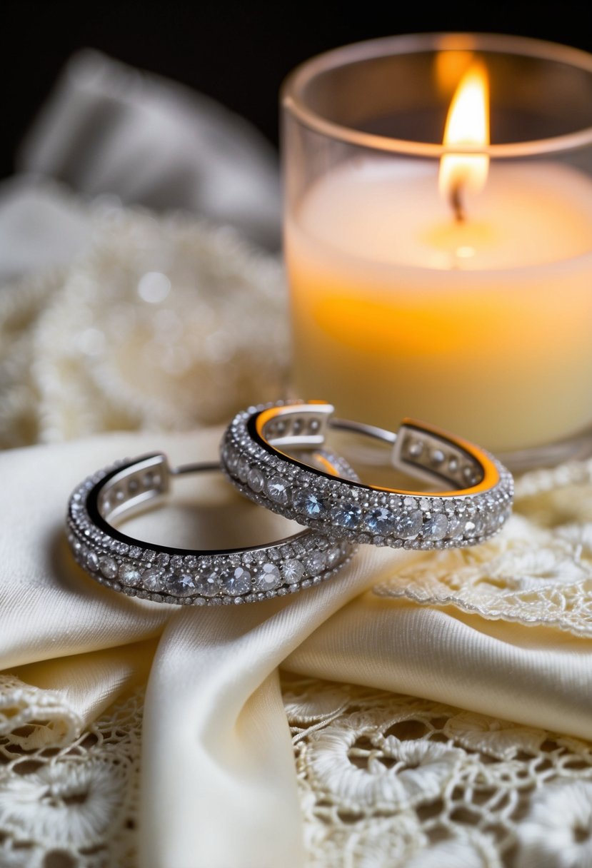 A pair of delicate diamond-encrusted hoops glinting in soft candlelight, resting on a bed of delicate lace and satin fabric