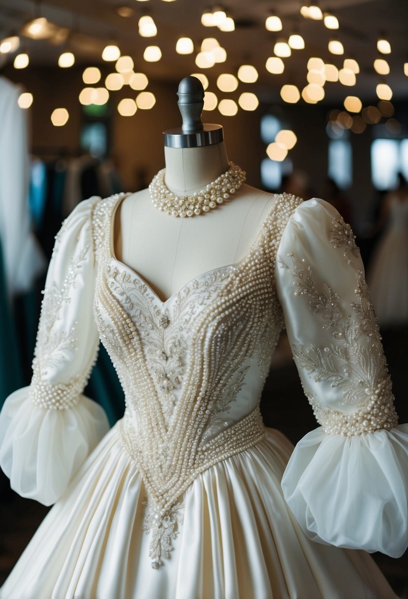 A flowing 1980s style wedding dress adorned with intricate pearl embroidery, featuring puffed sleeves and a fitted bodice