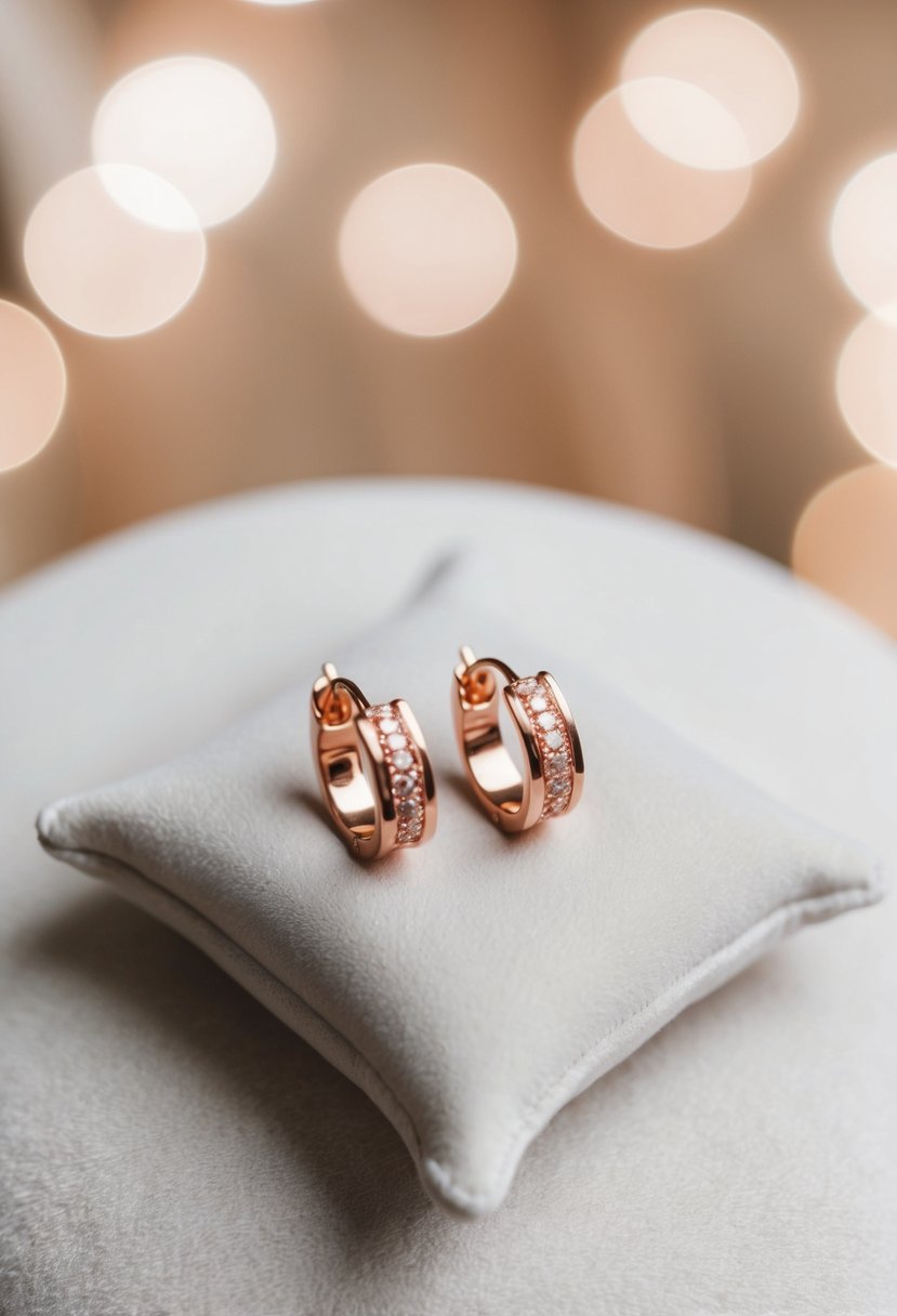 A delicate pair of rose gold earrings resting on a soft, white velvet cushion