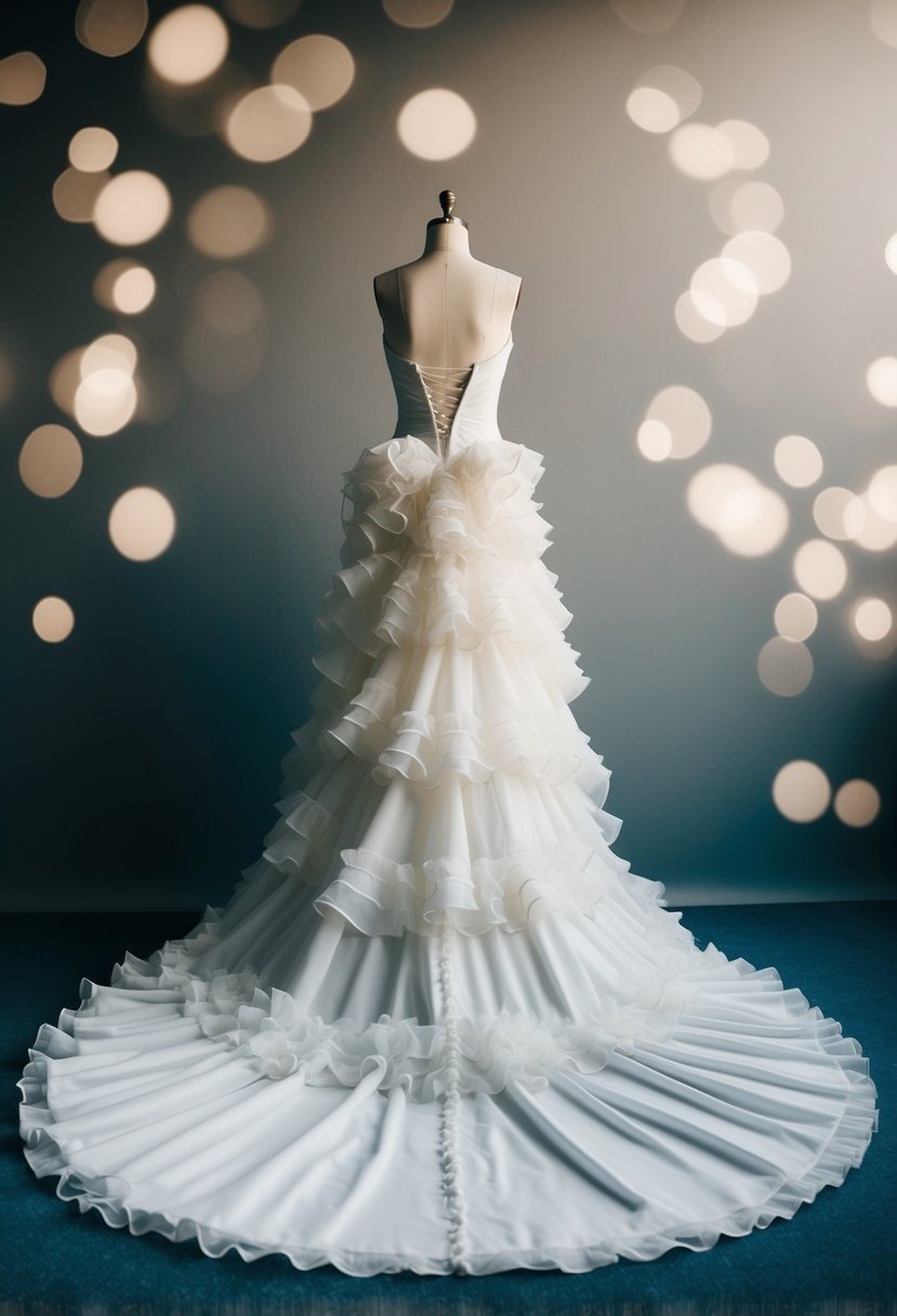 A long train with ruffles cascades down a voluminous 1980s style wedding dress, creating a dramatic and elegant silhouette