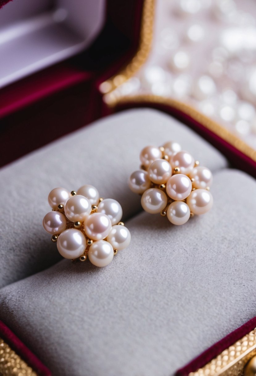 A close-up of delicate pearl cluster earrings on a velvet cushion