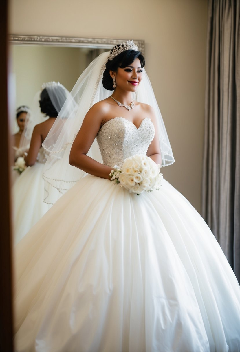 A bride wearing a voluminous 1980s-style wedding dress adorned with a sparkly tiara and a flowing veil, standing in front of a mirror