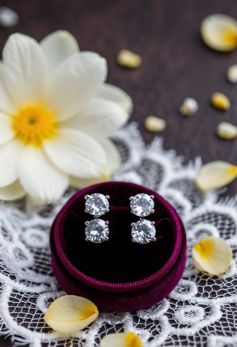 Two small CZ crystal studs on a velvet jewelry display, surrounded by delicate lace and tiny flower petals