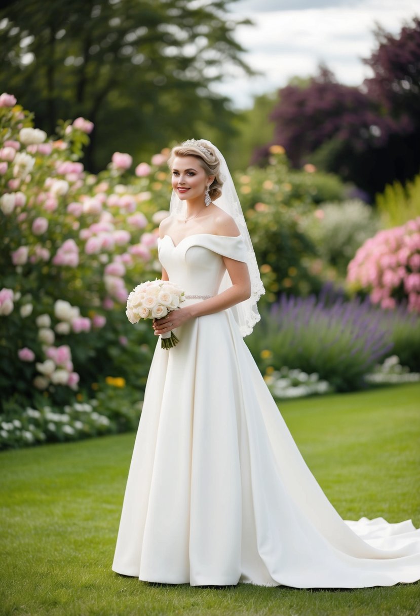 A bride in an off-the-shoulder 1980s style wedding dress stands in a garden, surrounded by blooming flowers and a vintage lace veil