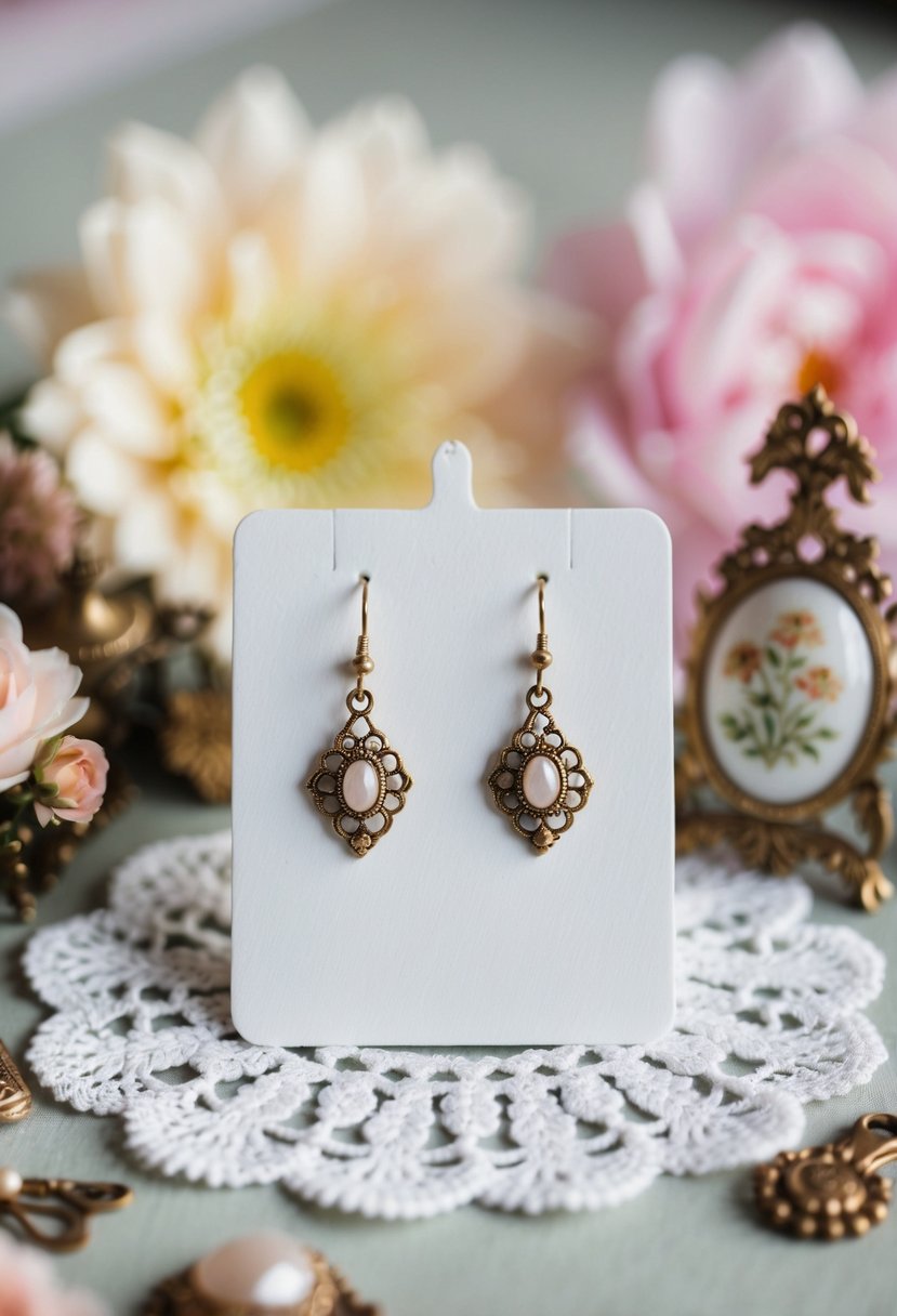 A delicate pair of vintage-inspired earrings displayed on a lace doily, surrounded by soft pastel flowers and antique trinkets