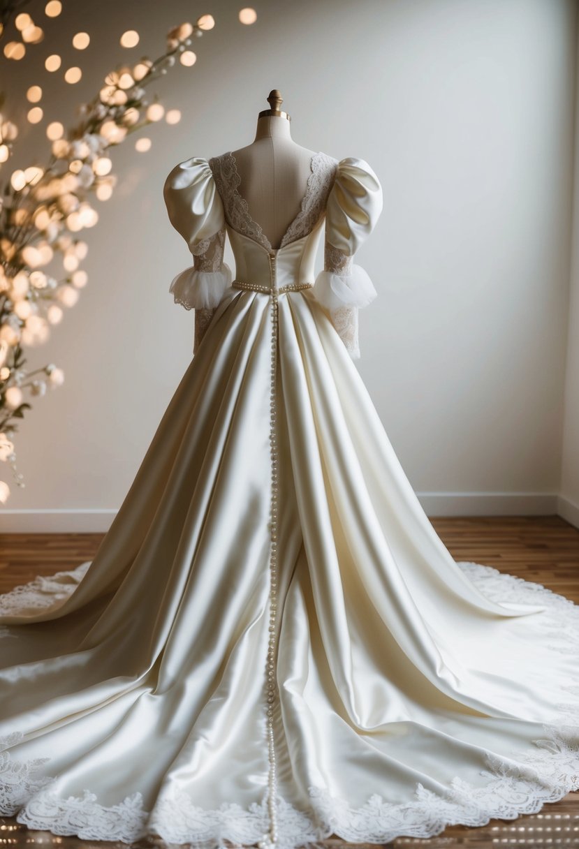 A flowing silk satin wedding dress with puffed sleeves and a dramatic train, adorned with lace and pearl details