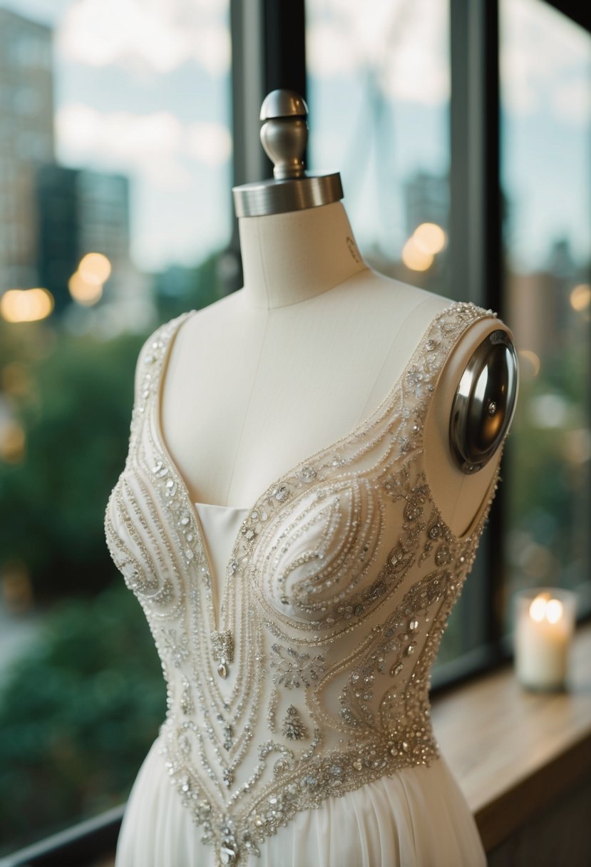 A beaded bodice wedding dress with 1980s glamour, featuring intricate detailing and shimmering embellishments