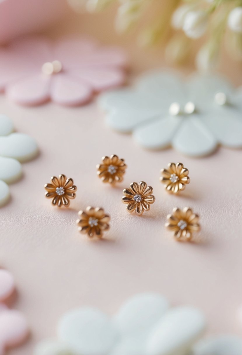 A close-up of delicate, miniature floral studs arranged on a soft, pastel background, evoking a sense of elegance and romance