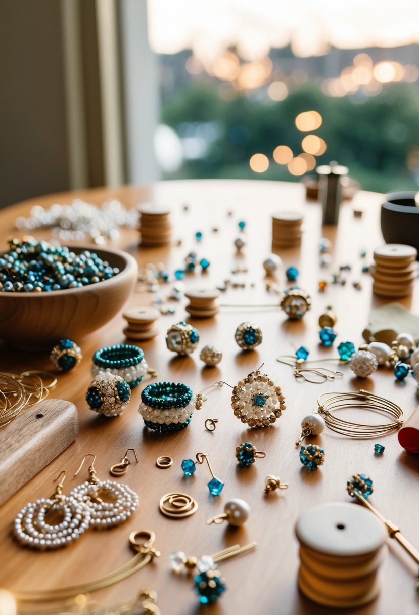 A table scattered with beads, wire, and tools for making intricate wedding earrings