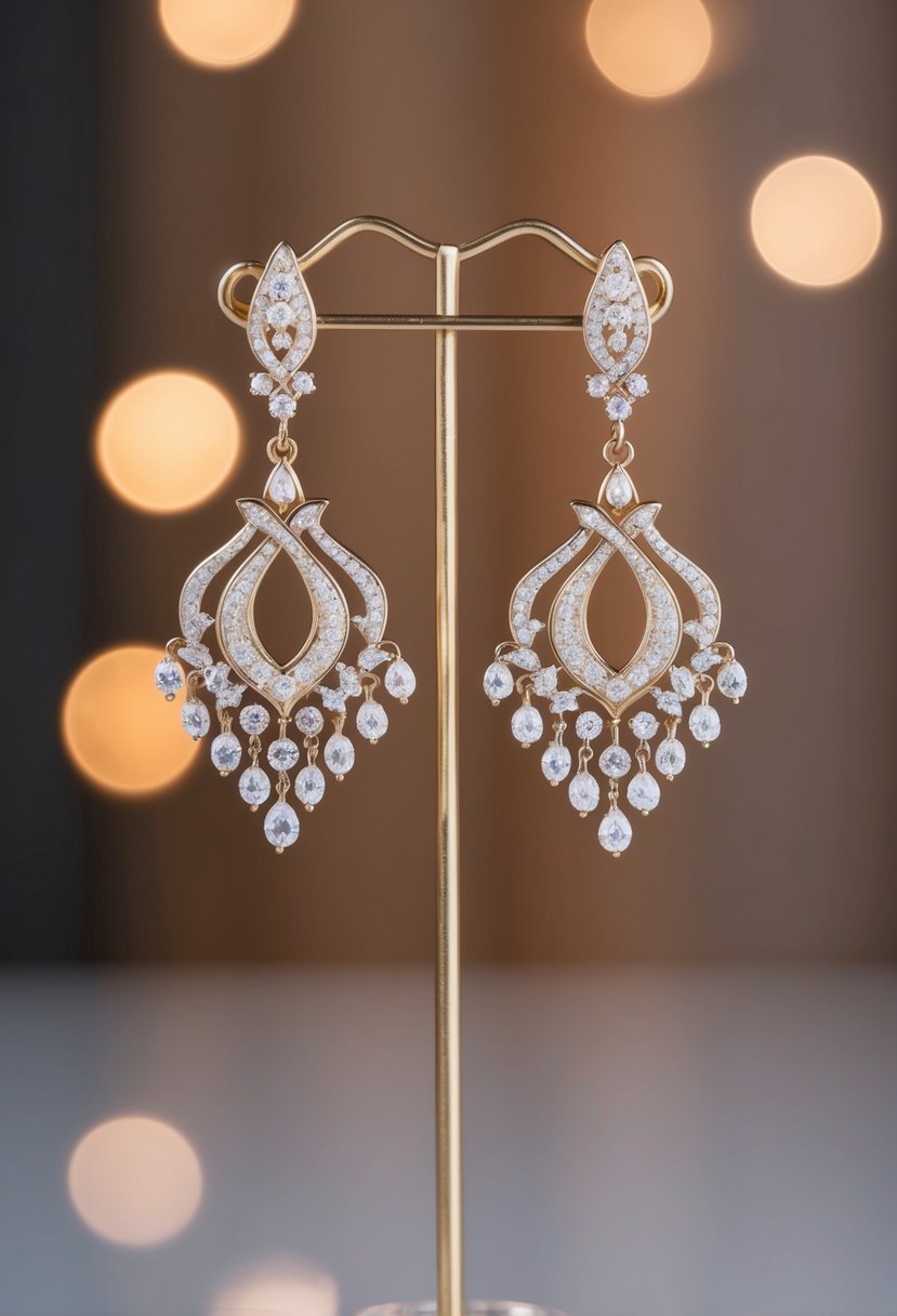 Two delicate chandelier earrings hanging from a jewelry stand, with soft lighting casting a warm glow on their intricate design