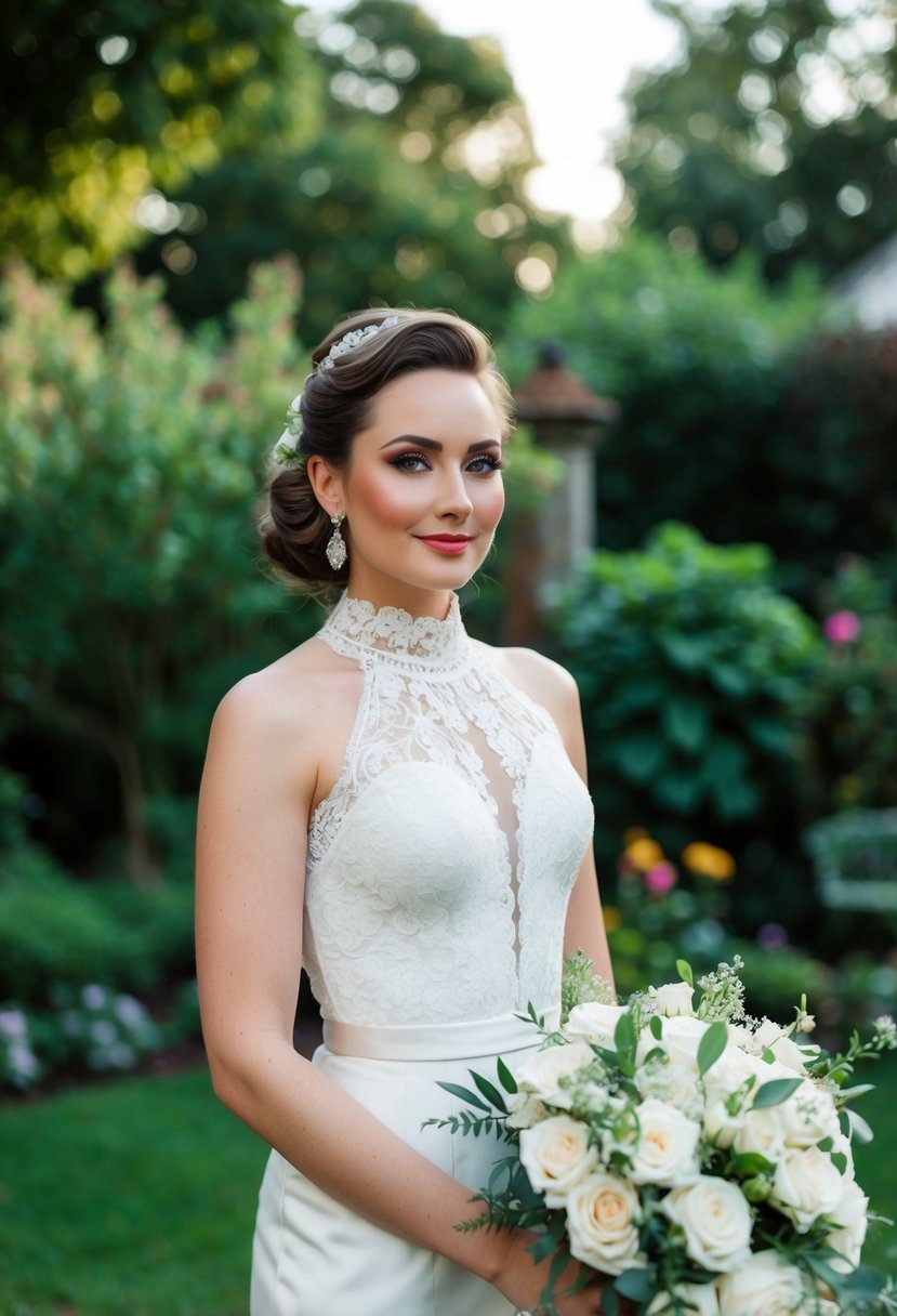 A bride in a high lace neckline 1980s style wedding dress, holding a bouquet, standing in a vintage-inspired garden