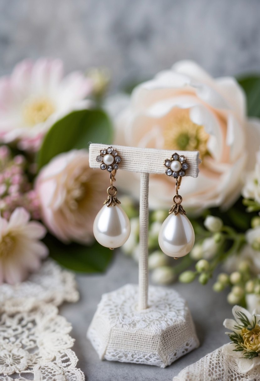 A delicate handcrafted pair of vintage pearl drop earrings displayed on a lace-covered jewelry stand, surrounded by soft floral accents and antique lace fabric