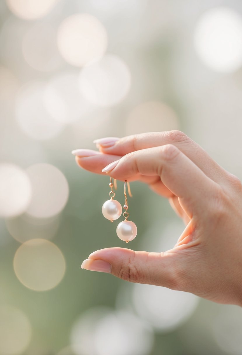 A delicate hand holding a pair of single pearl drop earrings against a soft, blurred background