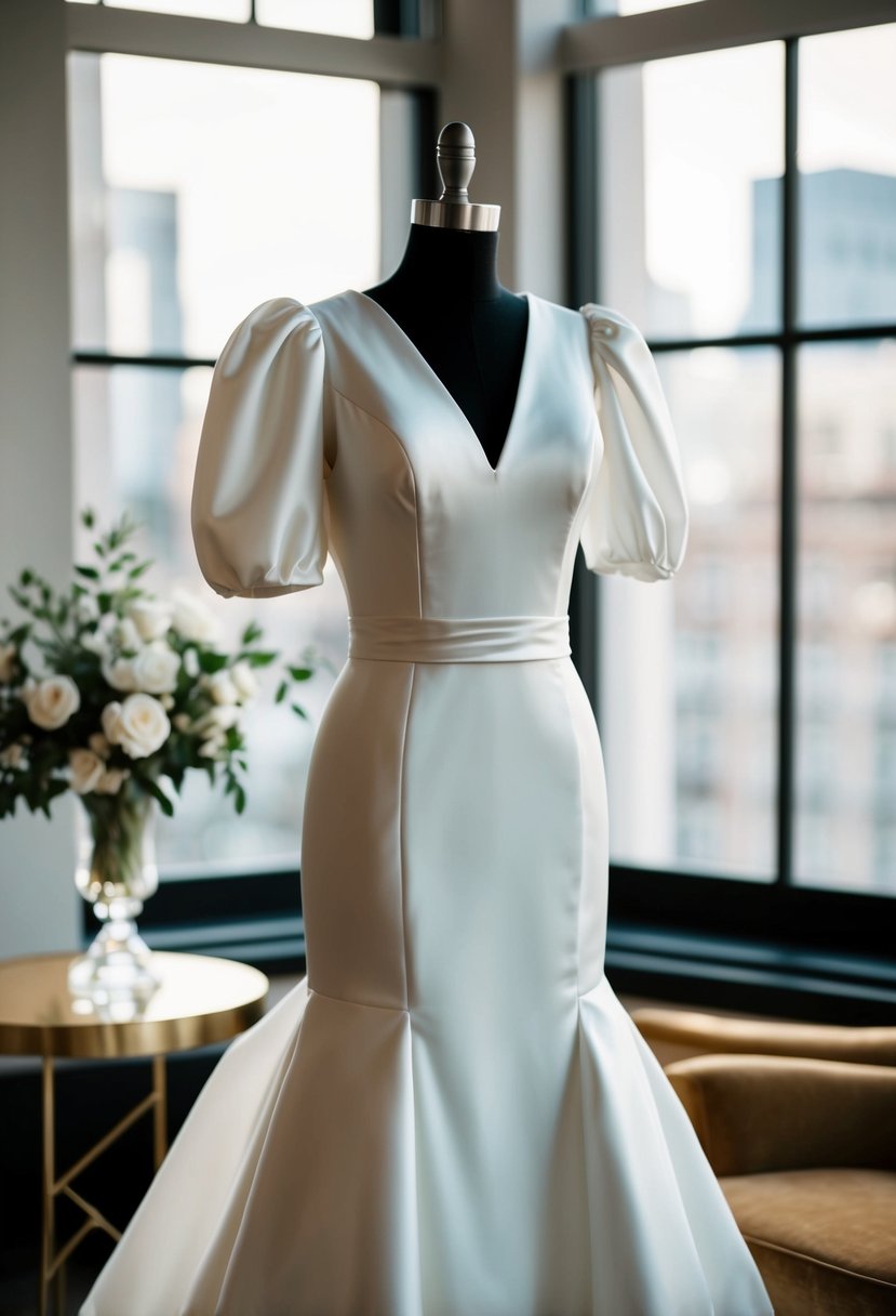 A sleek white wedding dress with ribbon waist accents and puffy sleeves, reminiscent of 1980s fashion