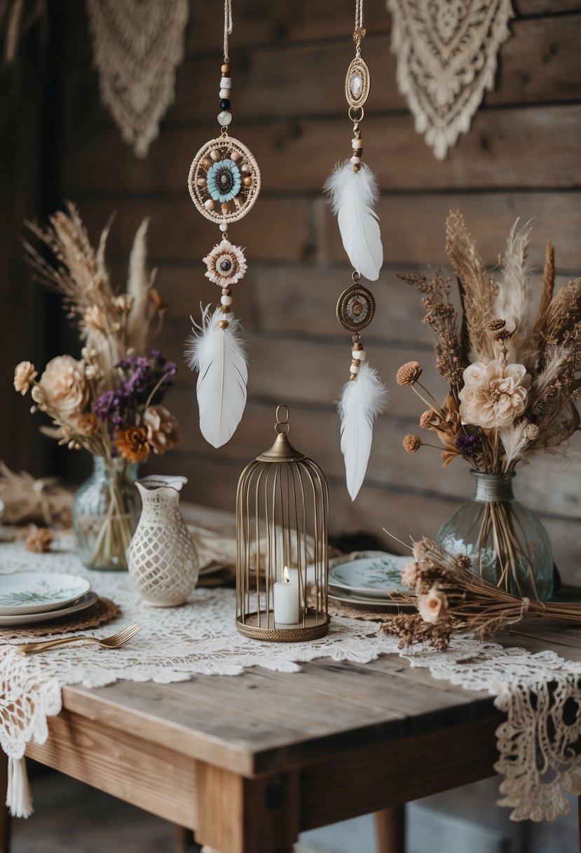 A rustic wooden table displays bohemian feather danglers with delicate beadwork and intricate designs, surrounded by dried flowers and vintage lace