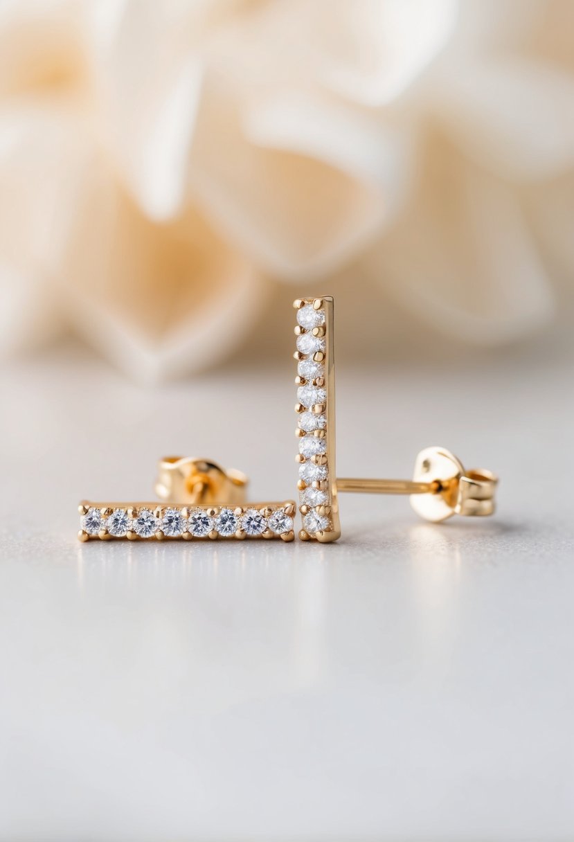 A close-up of slim bar earrings with sparkling crystals against a soft, elegant background