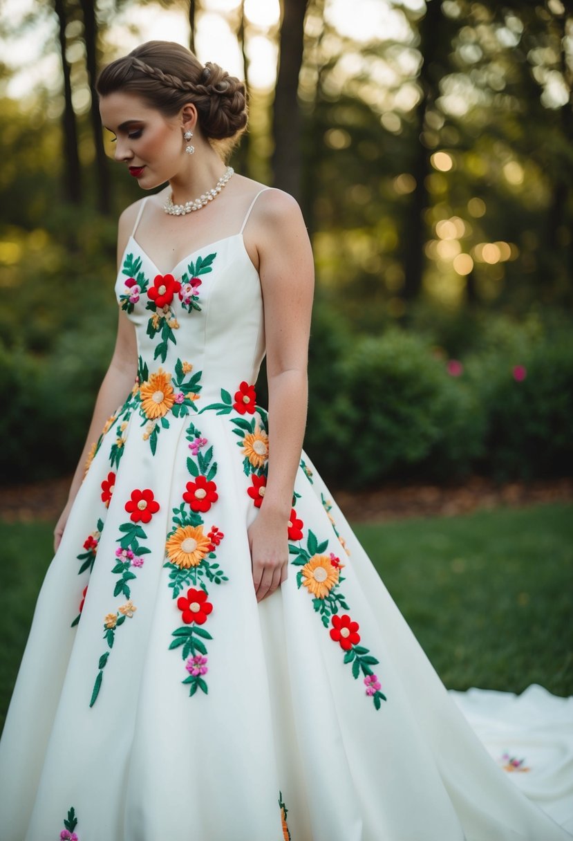 A white 1980s-style wedding dress adorned with bold floral appliques