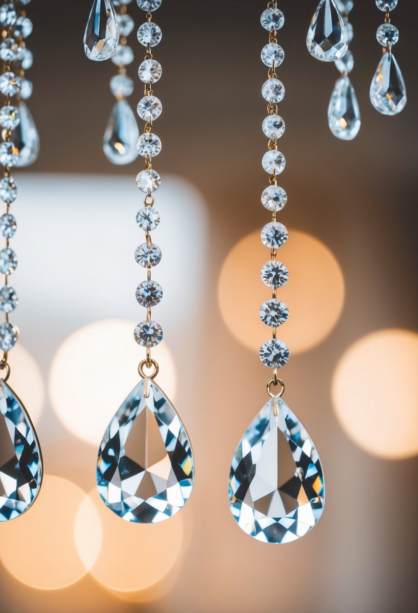 A close-up of chandelier crystal drops dangling from delicate handmade wedding earrings