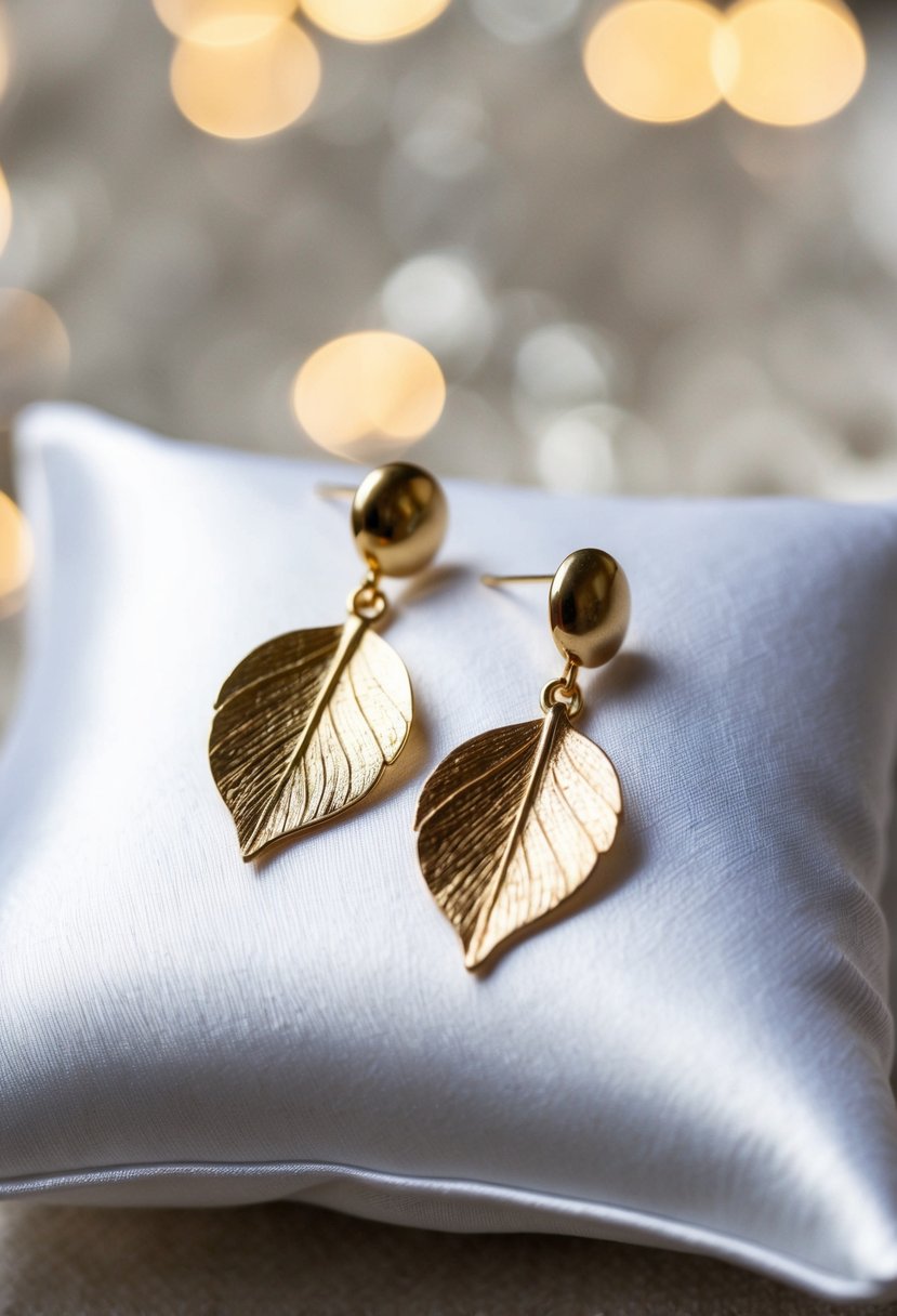 Two delicate gold leaf drop earrings resting on a white satin pillow