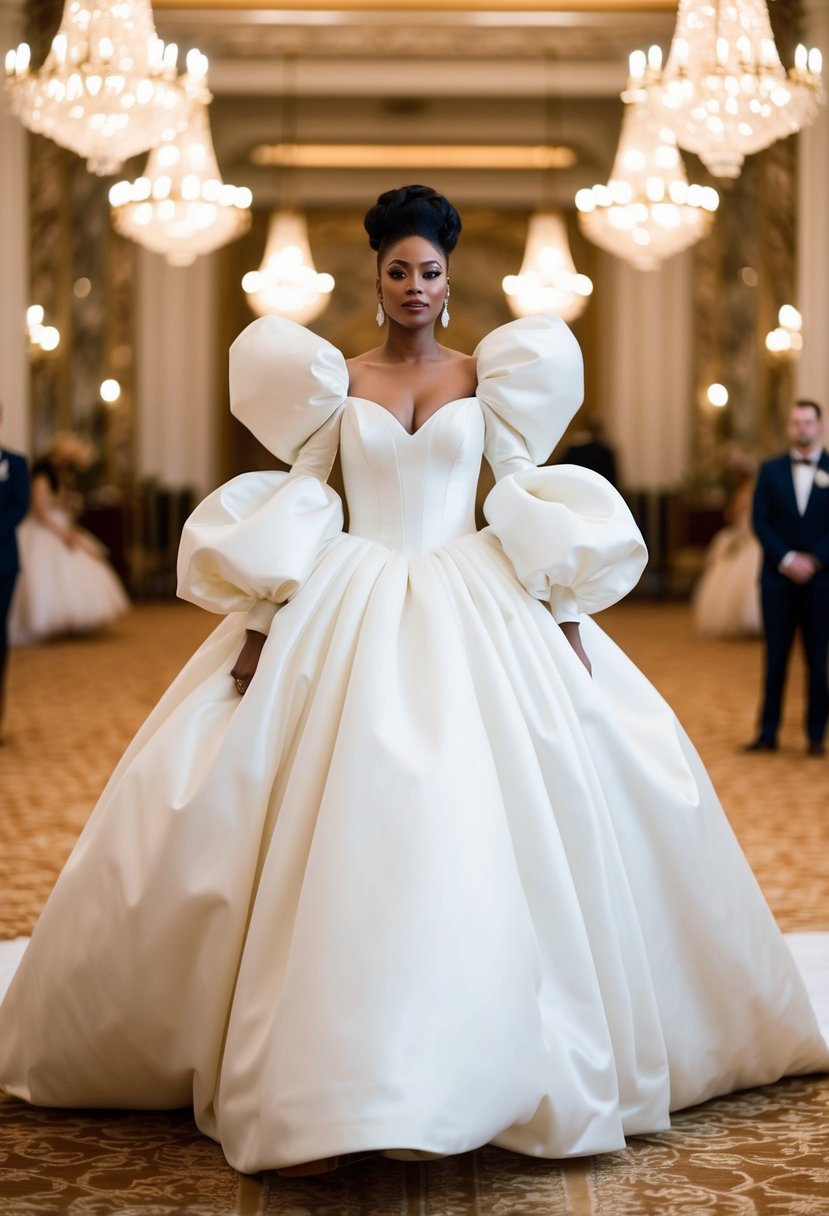 A bride in a voluminous 1980s-inspired wedding dress with exaggerated balloon sleeves, standing in a grand ballroom surrounded by opulent decor