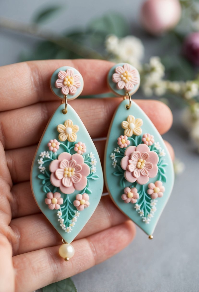 A delicate pair of floral clay dangle earrings, featuring intricate designs and pastel colors, perfect for a handmade wedding accessory