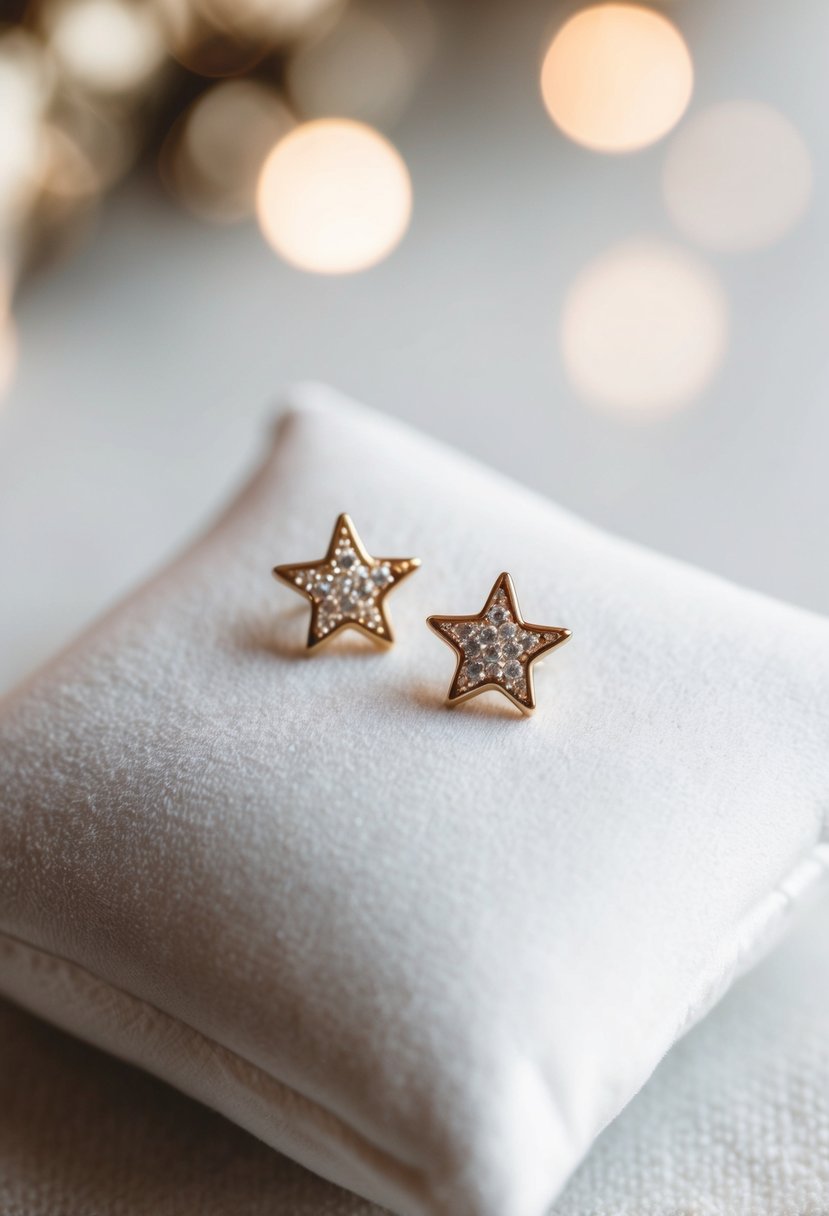 Two small star-shaped earrings on a white velvet cushion