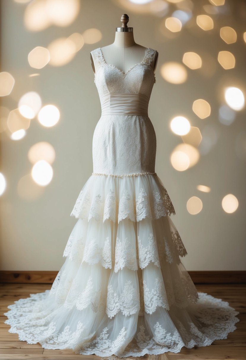 A vintage lace skirt cascading in tiers, paired with a fitted bodice and delicate details, evokes 1980s wedding dress elegance