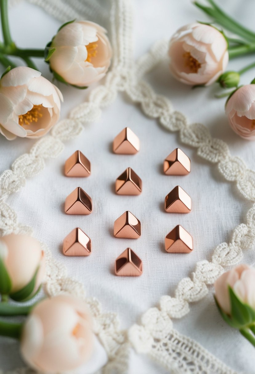 Rose gold studs arranged in a geometric pattern on a white, lace-trimmed fabric background, surrounded by delicate floral accents