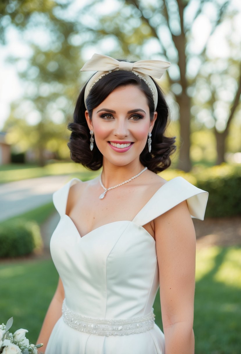 A bride wearing a 1980s style wedding dress adorned with vintage bow headbands