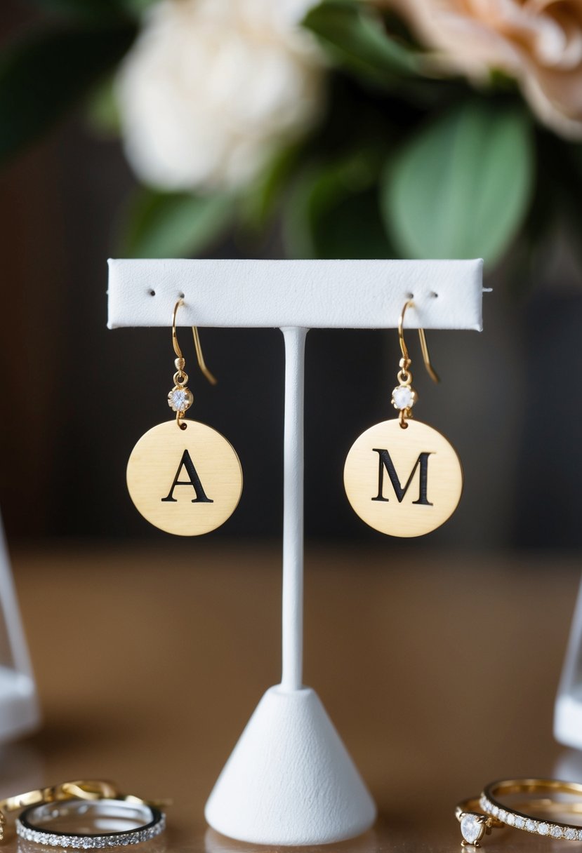 A pair of delicate disc earrings, each adorned with a customized initial, dangle from a display stand, surrounded by other wedding jewelry