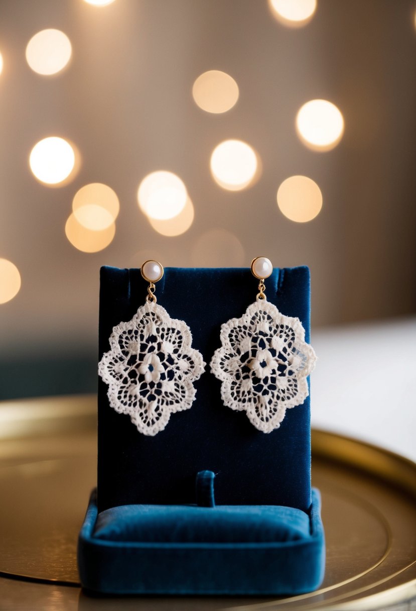 A delicate pair of lace earrings displayed on a velvet cushion with soft lighting