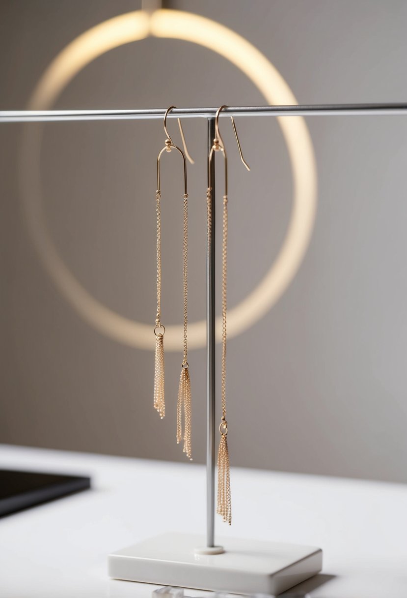 A pair of delicate, minimalist threader earrings hanging from a simple display, with soft lighting casting a subtle glow on the elegant design