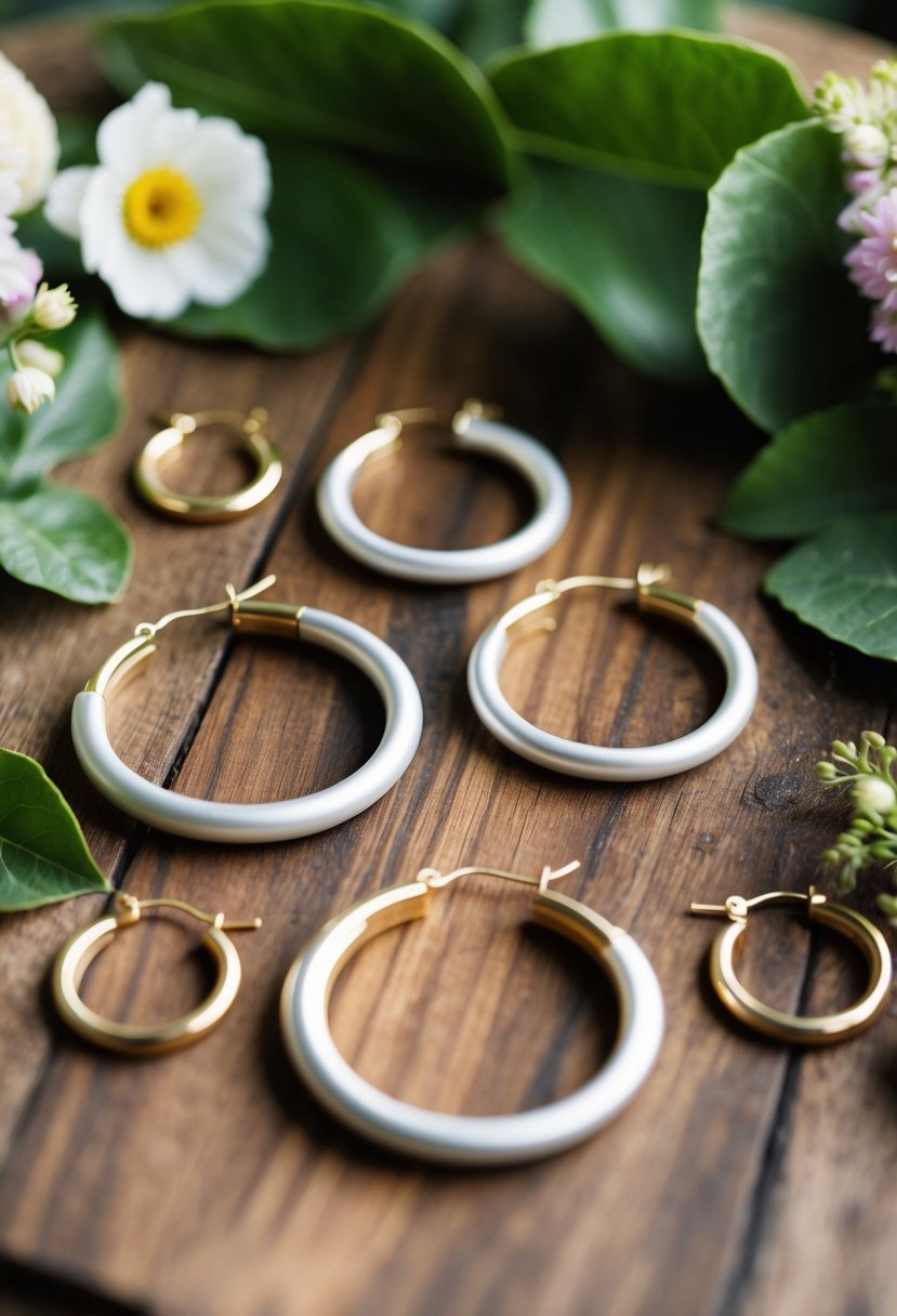 A wooden table with various sizes of hoops, surrounded by natural elements like leaves and flowers, with soft lighting to highlight the handmade wedding earrings