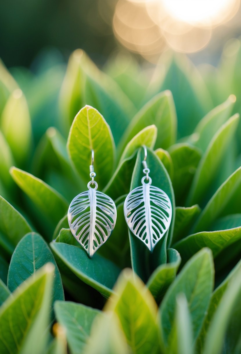 A pair of delicate, leaf-shaped earrings nestled among a bed of fresh green leaves, with a soft glow of sunlight highlighting their intricate design