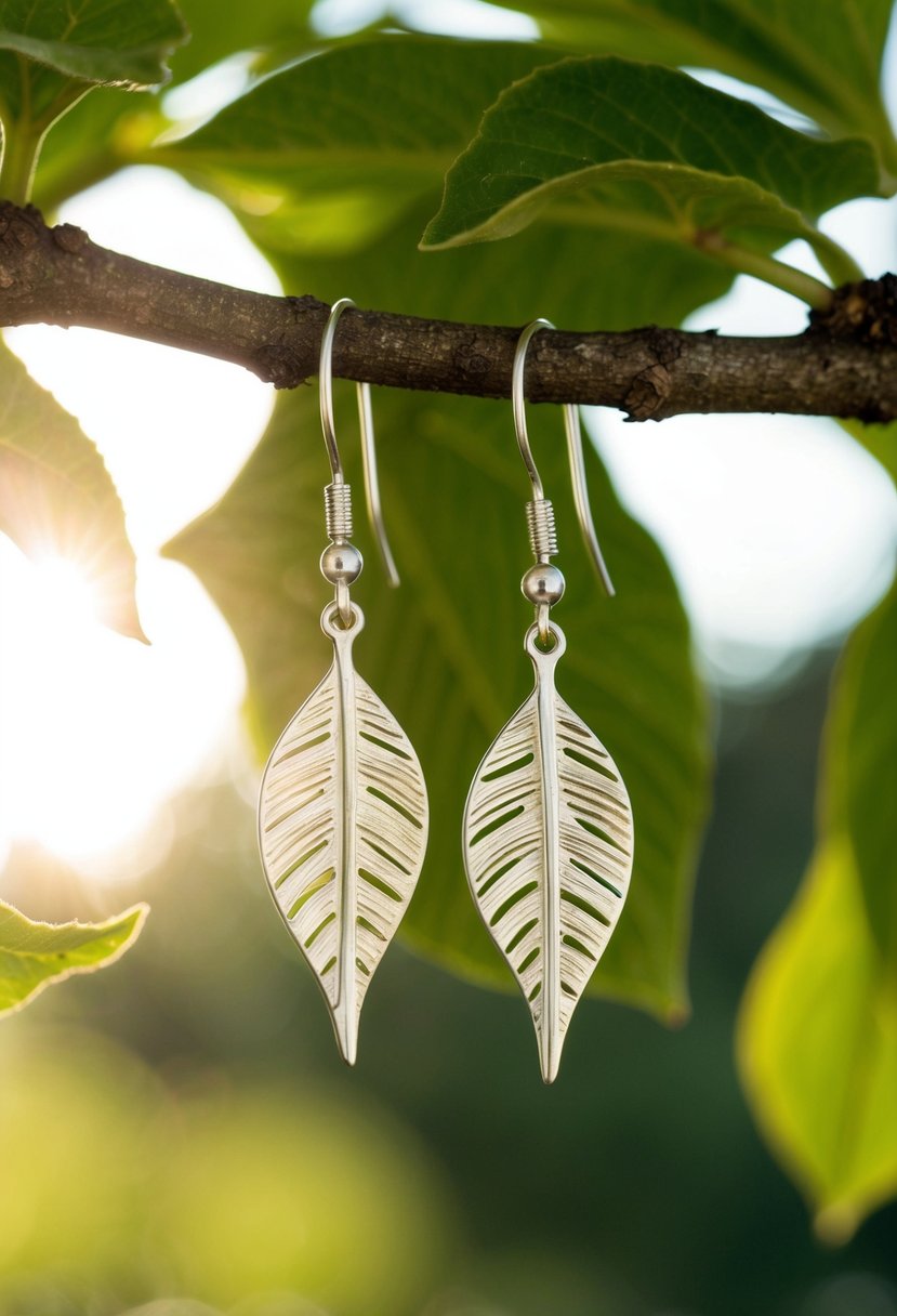 A pair of delicate leaf-shaped earrings hanging from a tree branch, with sunlight filtering through the leaves in the background