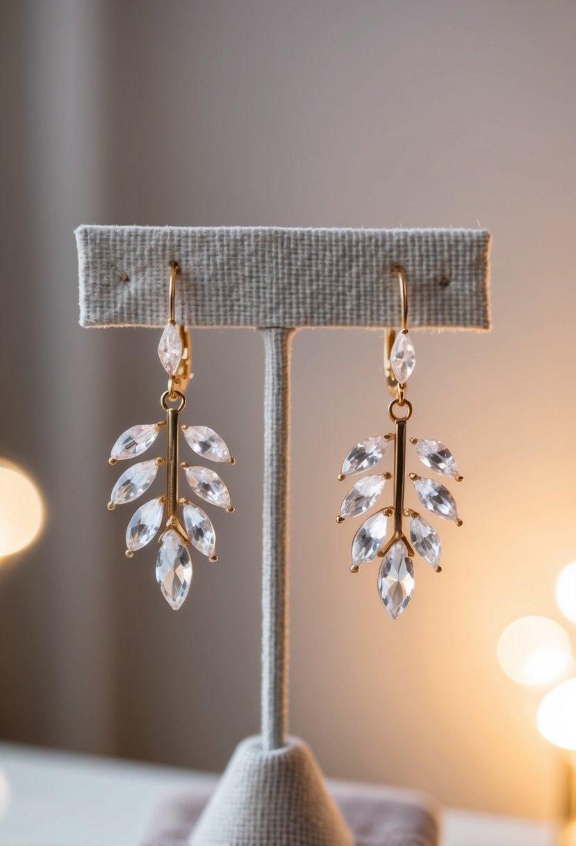 A pair of delicate crystal leaf dangle earrings hanging from a display stand, with soft lighting casting a gentle glow on the sparkling gems