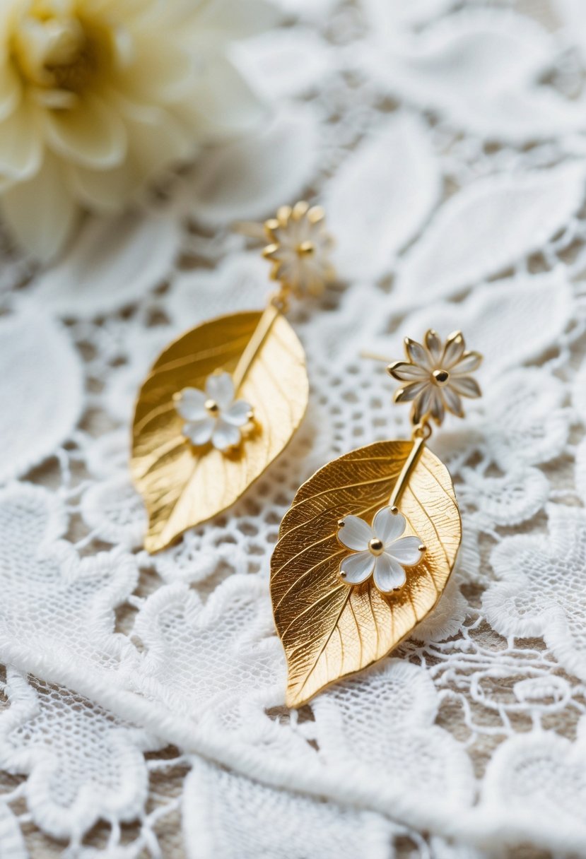 Delicate gold leaf and flower bridal earrings on a white lace background