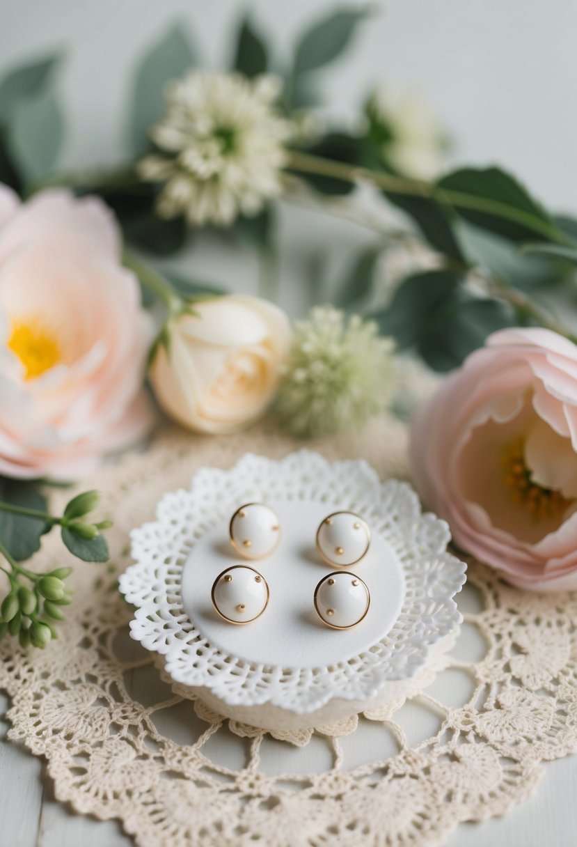 Delicate porcelain studs displayed on a vintage lace doily, surrounded by soft pastel flowers and greenery