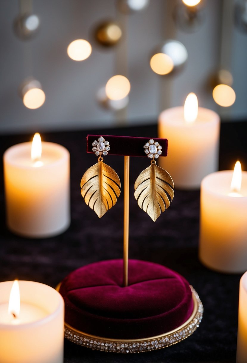 A pair of antique gold leaf and rhinestone earrings displayed on a velvet cushion, surrounded by soft candlelight