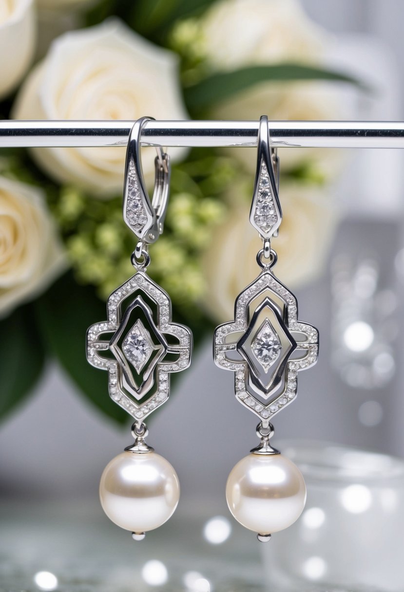 A pair of elegant pearl drop earrings with intricate Art Deco design, set against a backdrop of a luxurious wedding setting