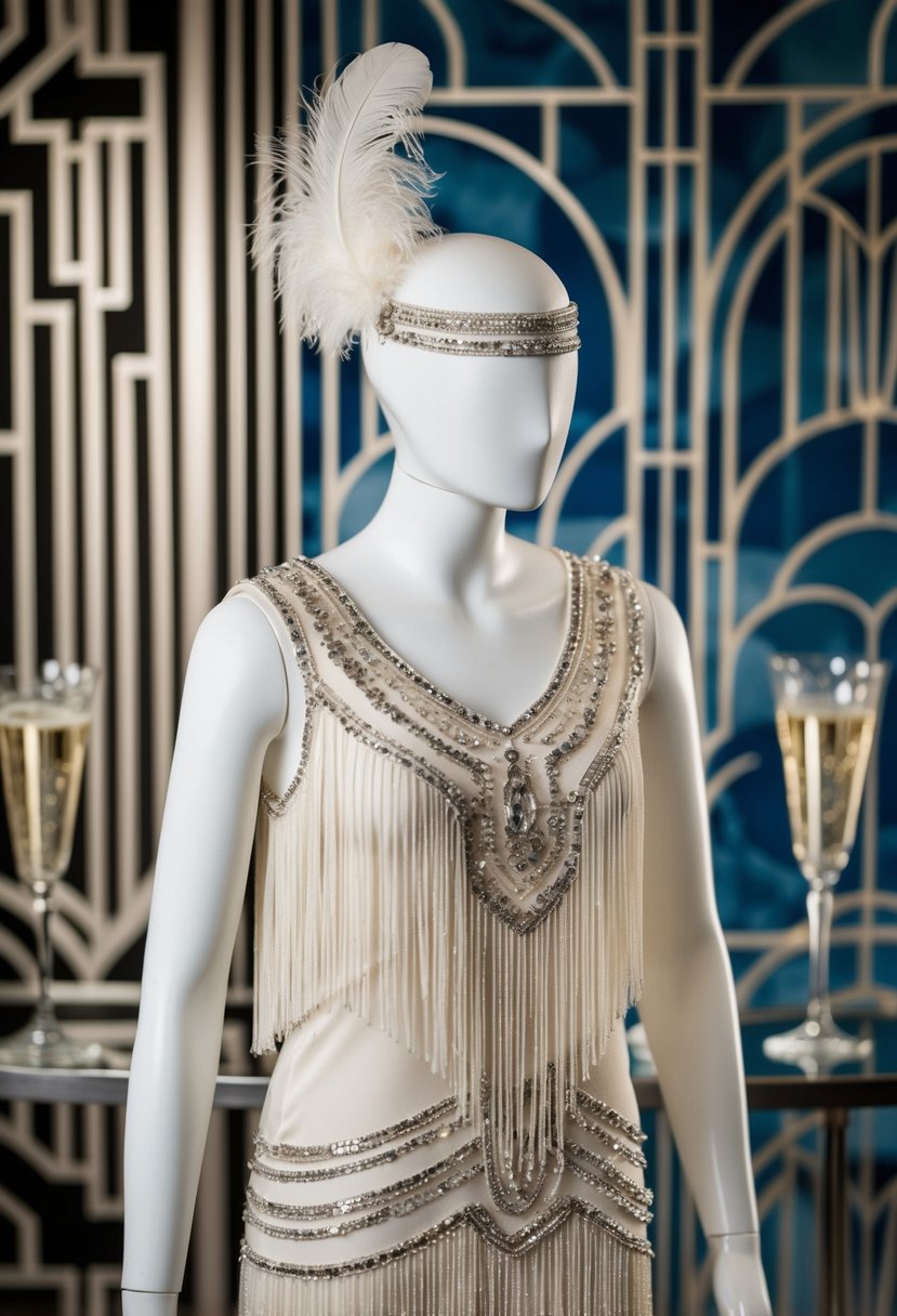 A flapper-style wedding dress with beaded fringe, dropped waist, and feather headpiece, set against a backdrop of art deco patterns and vintage champagne glasses