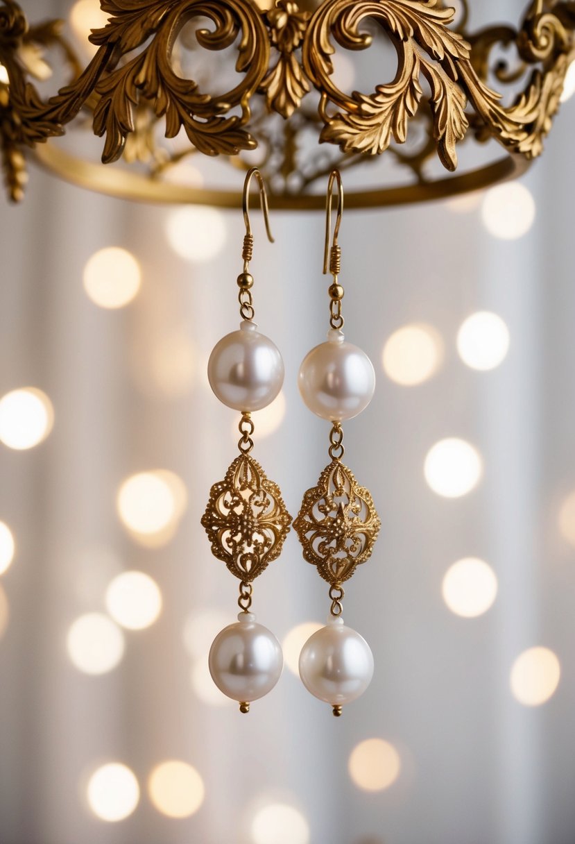 Elegant baroque pearls dangle from intricate gold filigree, set against a backdrop of soft, romantic lighting