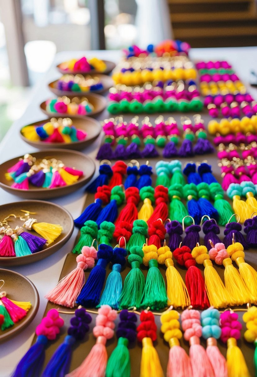 A table adorned with vibrant tassel earrings in various colors and sizes, arranged neatly for a wedding display