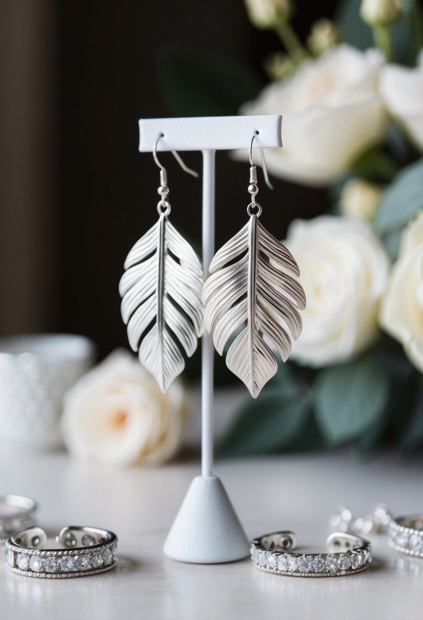 A pair of silver leaf-shaped drop earrings dangle from a delicate stand, surrounded by other elegant wedding jewelry ideas