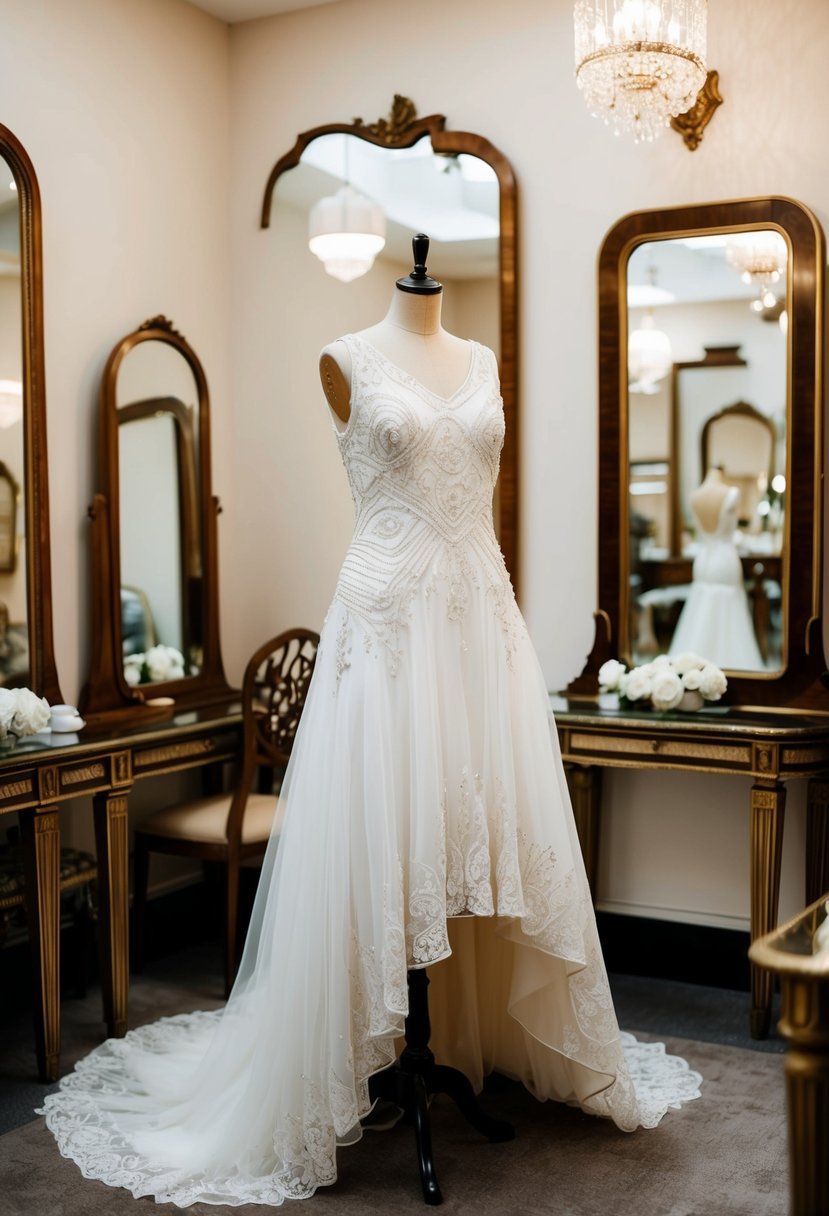 A 1920s style wedding dress displayed on a mannequin in a vintage chic boutique, surrounded by antique mirrors and art deco furniture