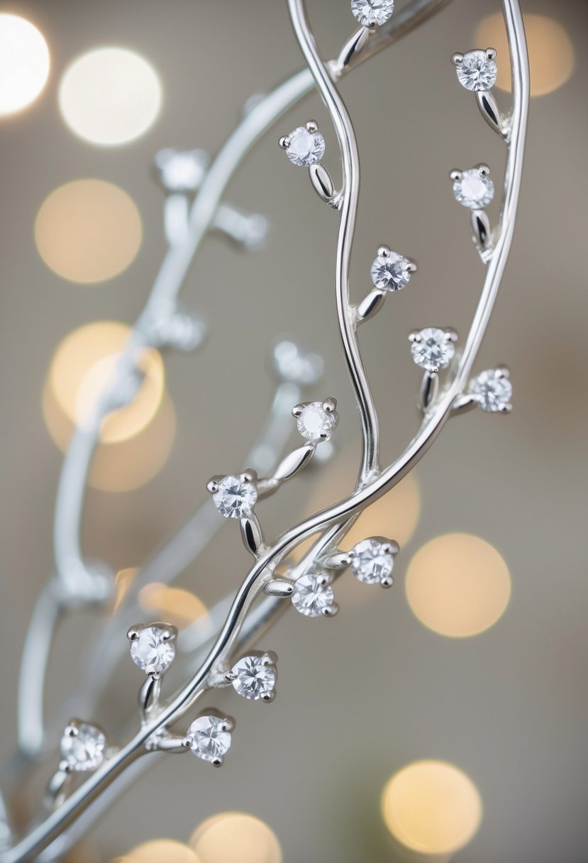 Delicate silver vines intertwine with sparkling gemstones, creating elegant wedding earring designs