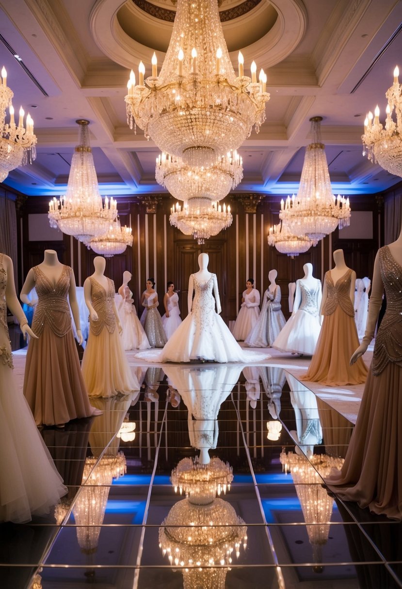 A grand ballroom with opulent chandeliers and a mirrored dance floor, adorned with 1920s style wedding dresses in luxurious fabrics and intricate beading